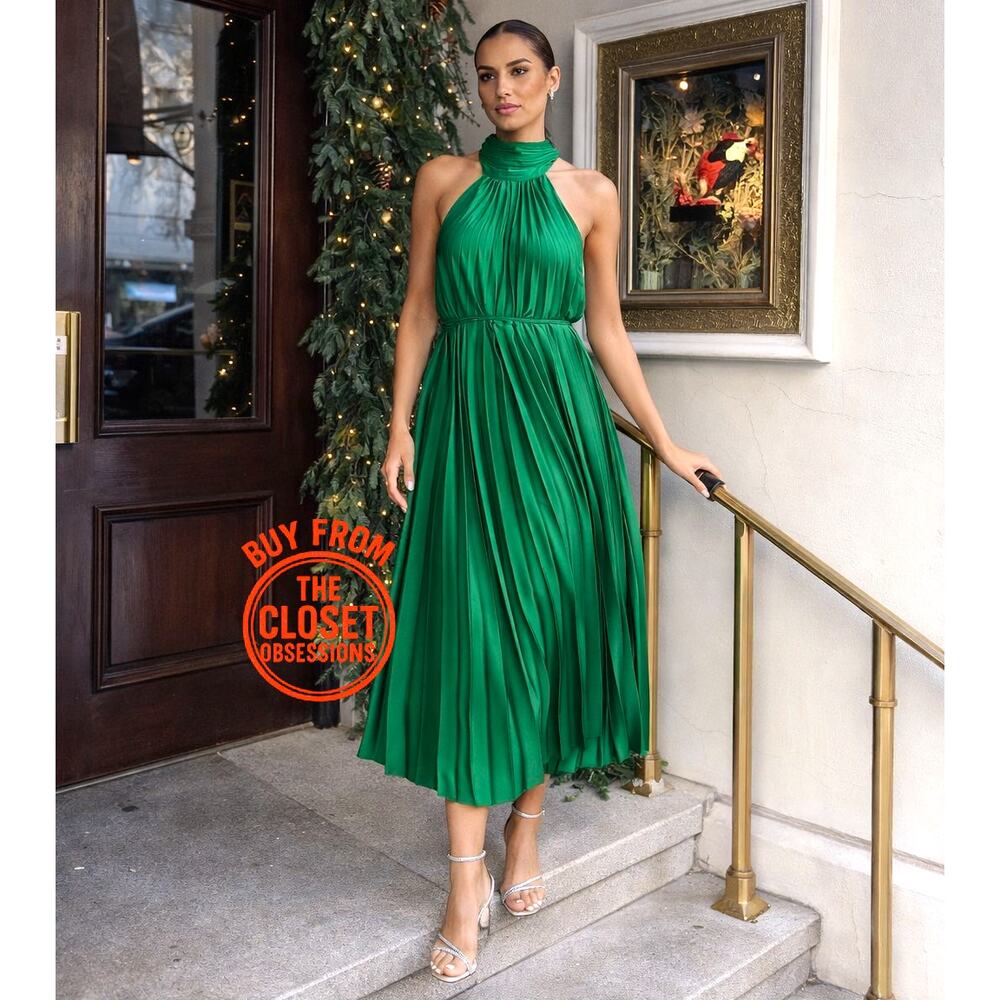 Mango NWT Emerald Green Pleated Halter Midi Dress 6 8 - Picture 4 of 16